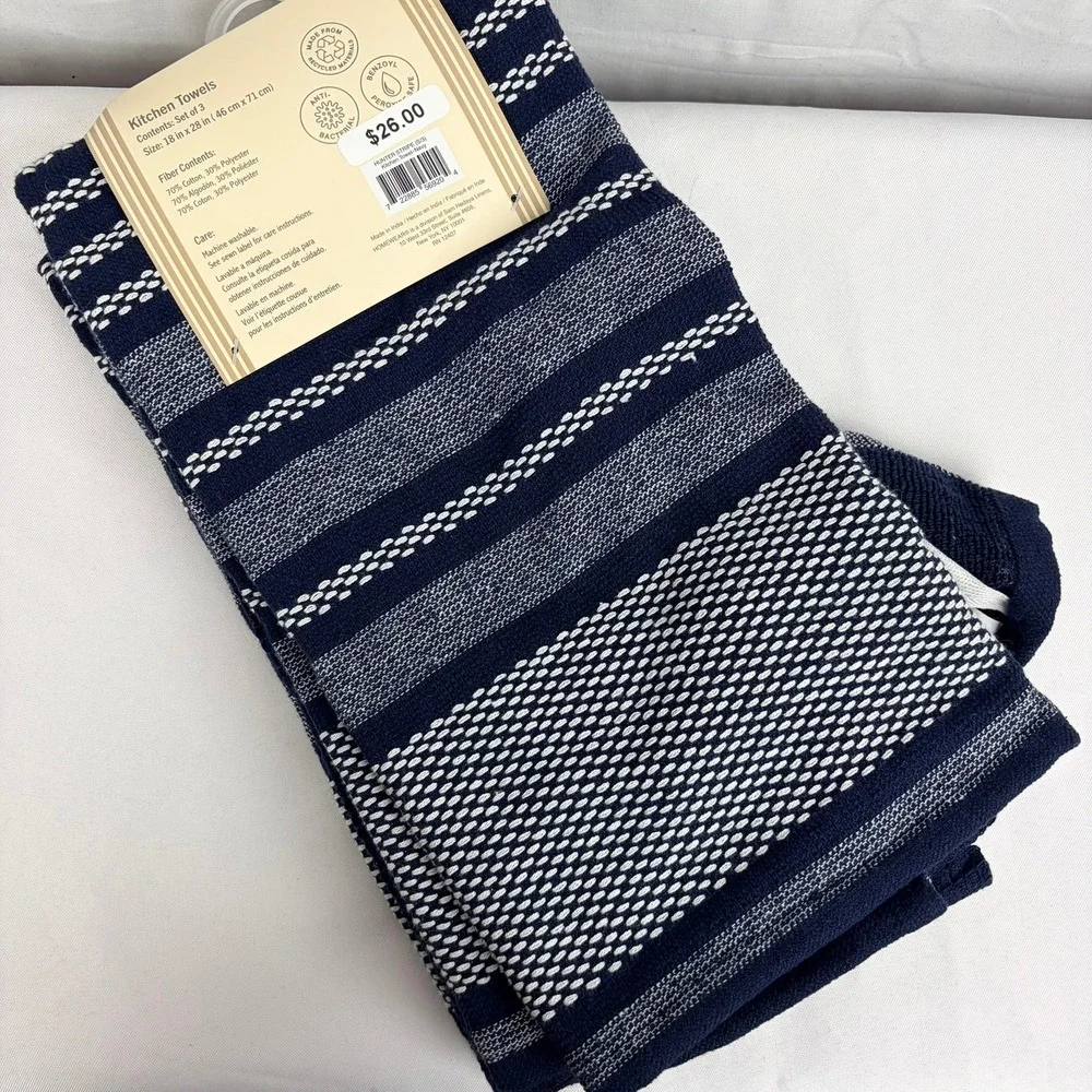 HOMEWEAR Navy Blue White Striped Kitchen Towels Set of 3 Recycled Cotton 18x28